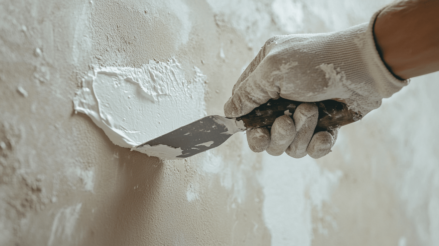 Hand with glove using a putty knife to apply drywall spackle on a wall for patching and smoothing imperfections.