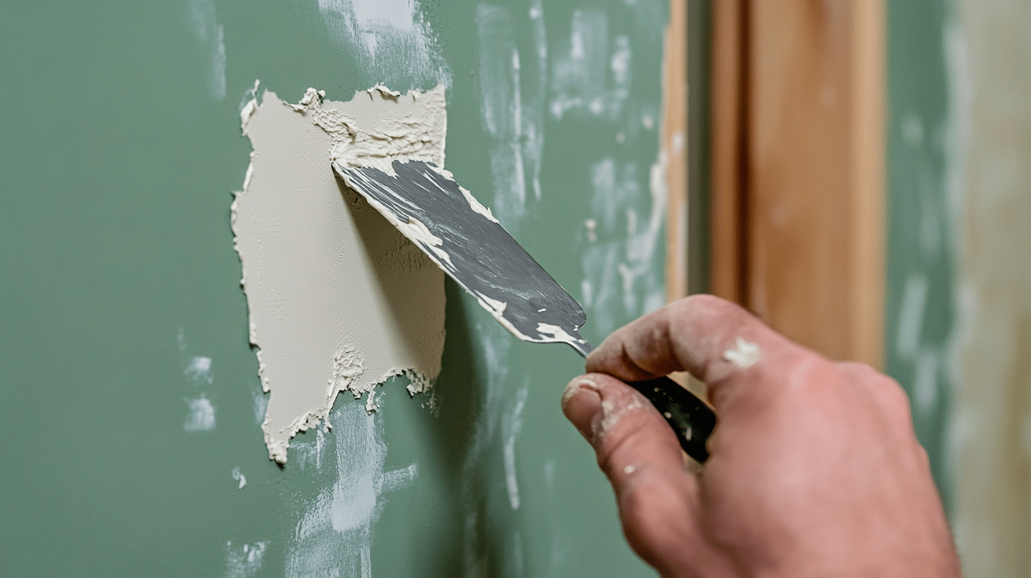 Hand with glove using a putty knife to apply drywall spackle on a wall for patching and smoothing imperfections.