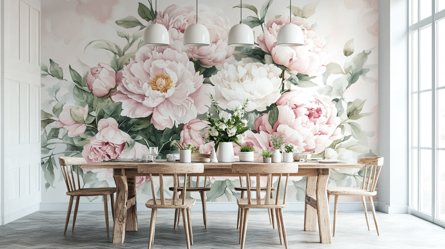 pink-wallpaper. Beautiful dining room with rustic wood furniture and a bold floral pink wallpaper mural featuring peonies and green leaves