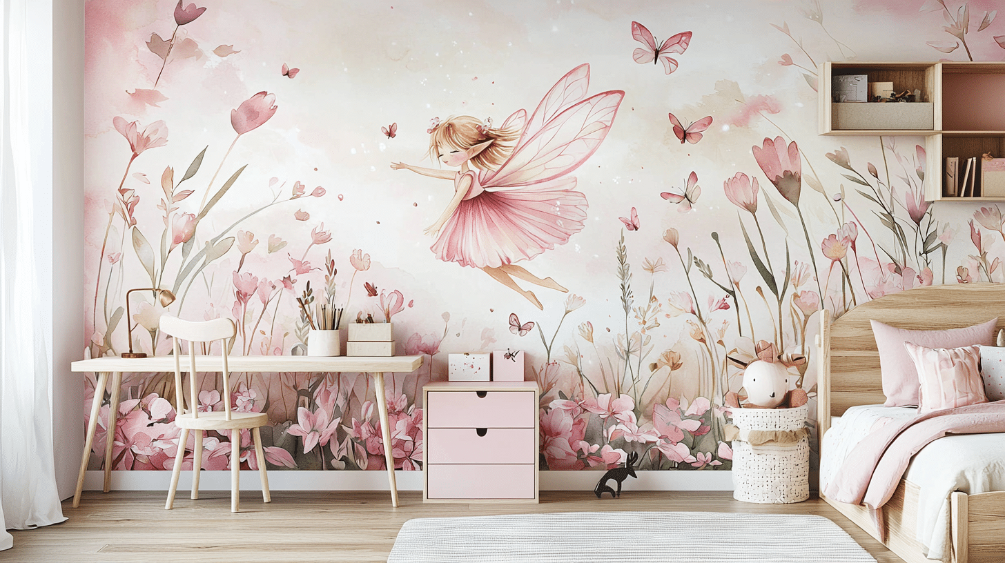 girls-bedroom-fairy-pink-wallpaper Charming girls' bedroom with a pink fairy wallpaper mural, wooden furniture, and soft pink bedding for a magical atmosphere