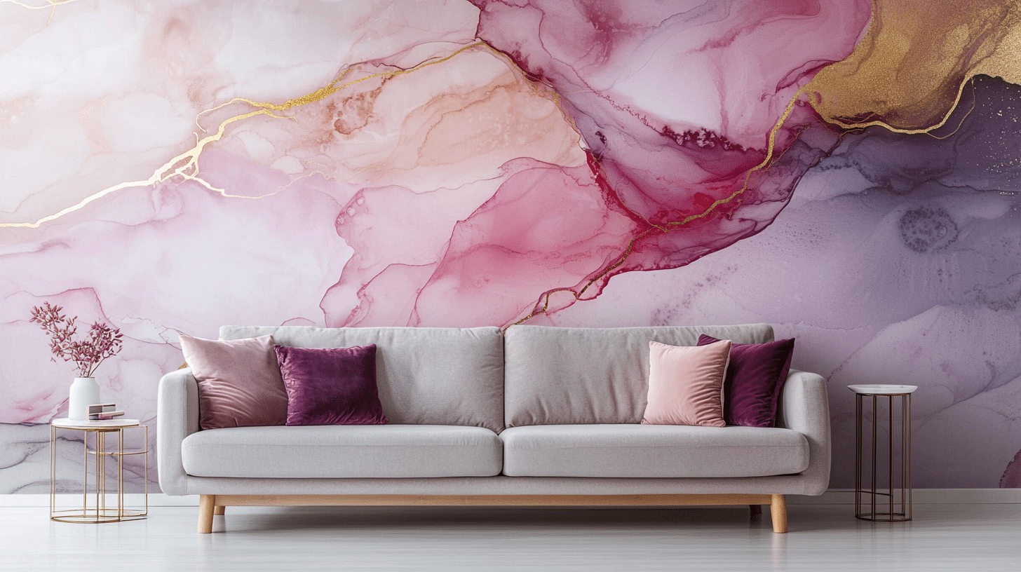 pink-marble-wallpaper-modern-living-room Modern living room with a pink marble-effect wallpaper featuring gold accents, a light grey sofa, and pink and purple cushions