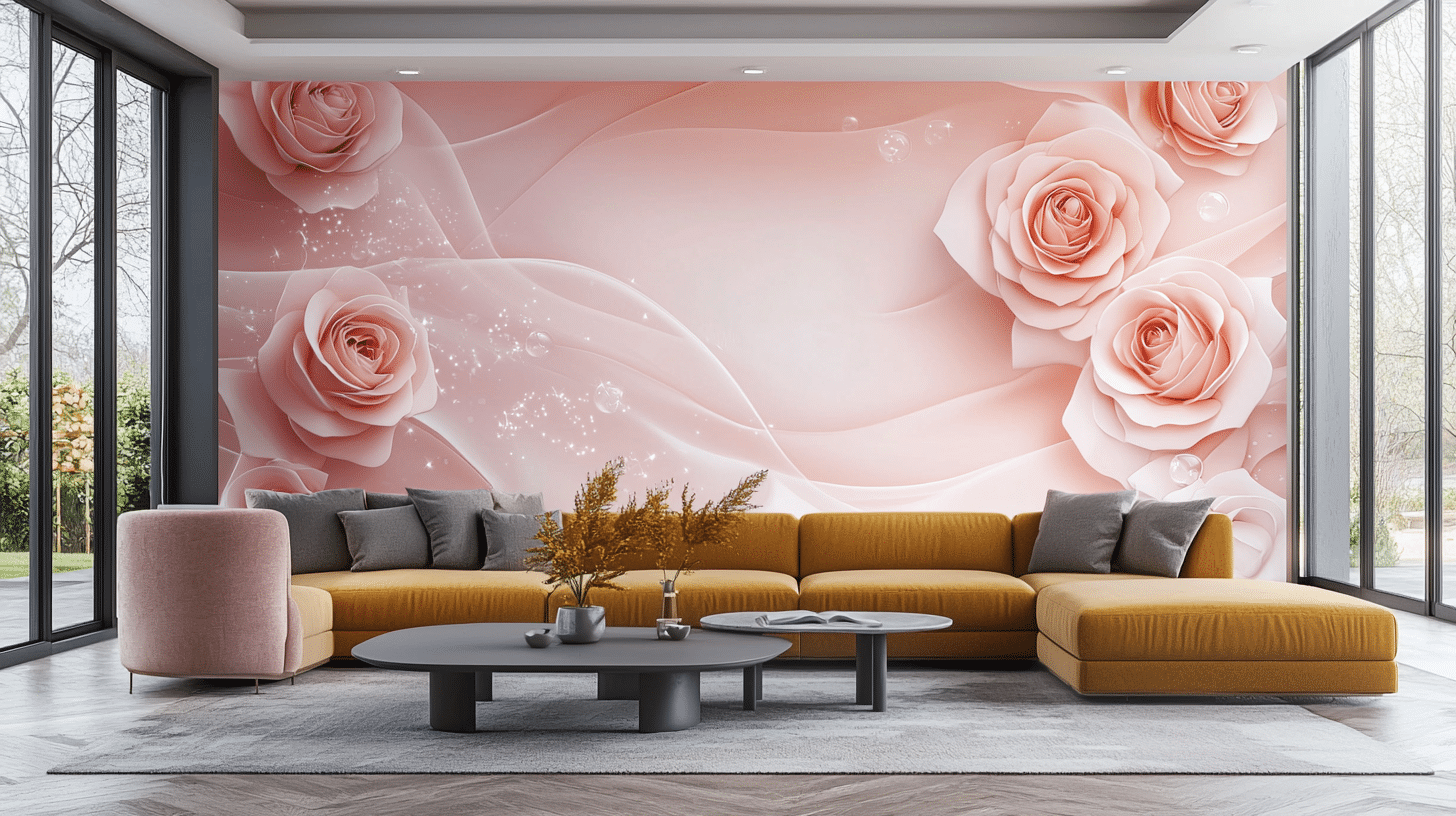 pink-rose-wallpaper-modern-living-room Modern living room with a large pink rose wallpaper mural, mustard yellow sectional sofa, and contemporary round coffee tables