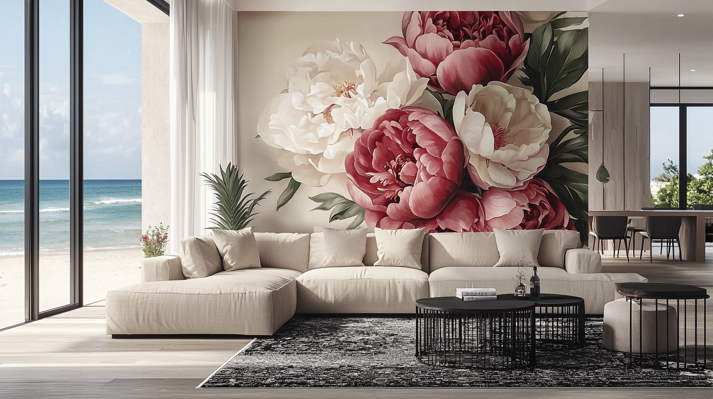 floral-wallpaper-beachfront-living-room Beachfront living room with a large floral wallpaper mural of red and white peonies, beige sectional sofa, and modern black coffee tables