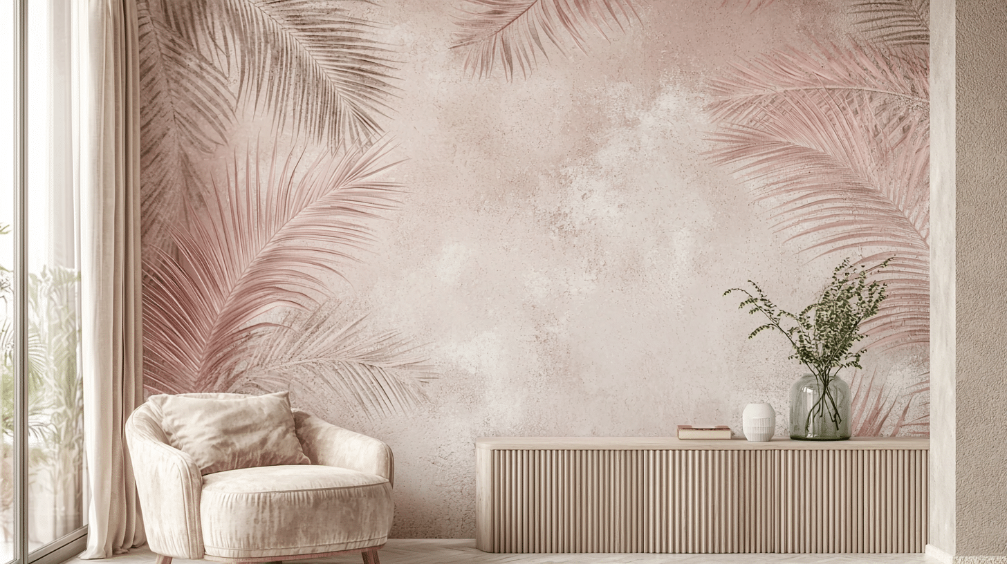 [pink-palm-wallpaper-modern-minimalist-living-room Modern minimalist living room with pink palm leaf wallpaper, cozy beige armchair, light wood console, and soft natural light