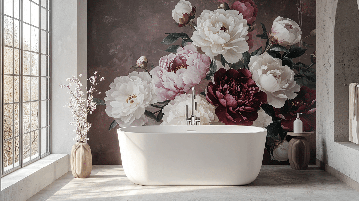 floral-wallpaper-modern-bathroom-design. Modern bathroom with a large floral wallpaper mural featuring white and burgundy peonies behind a freestanding white bathtub
