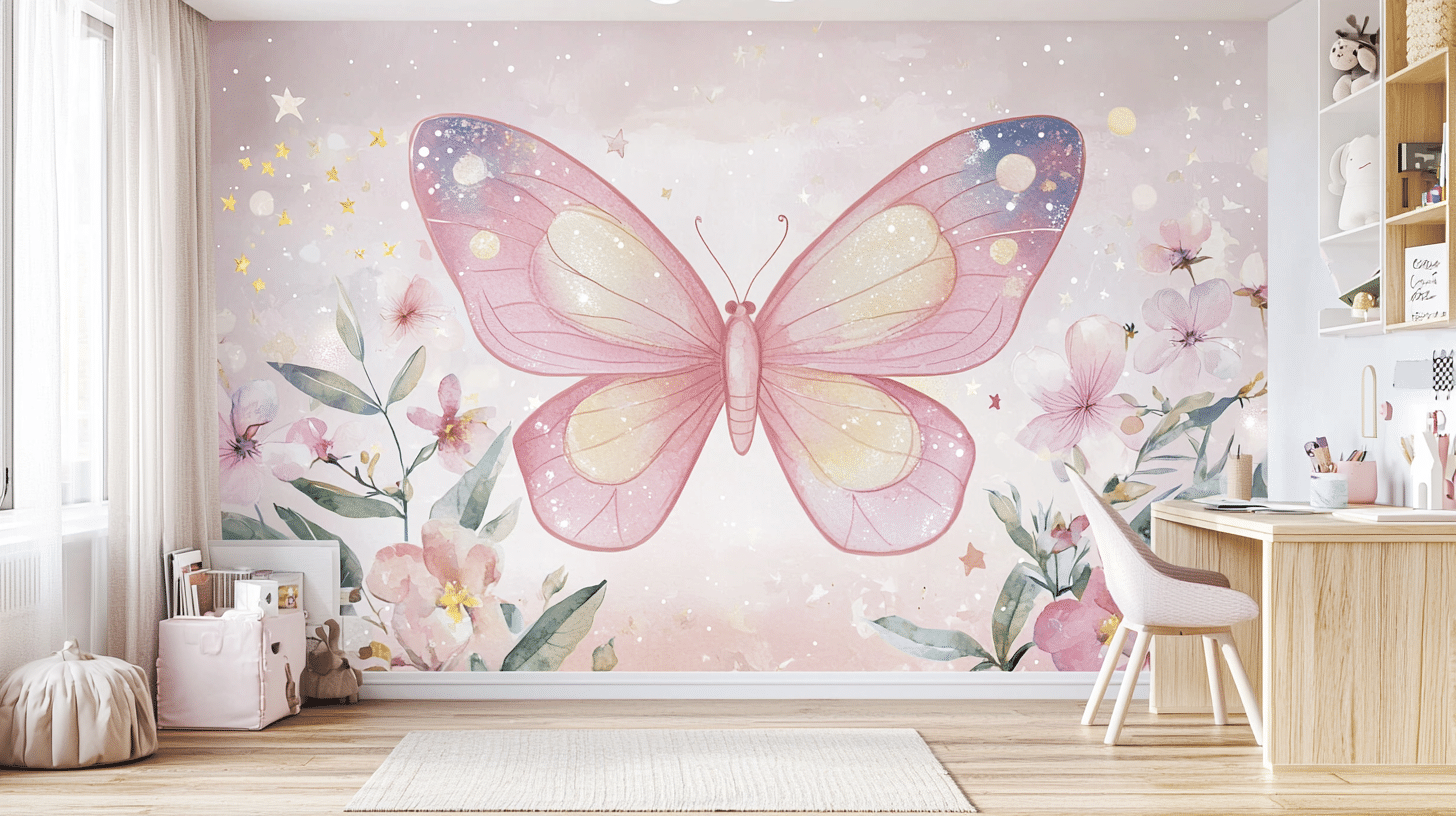 butterfly-wallpaper-girls-bedroom-design Girls’ bedroom with a large pink butterfly wallpaper mural, floral accents, wooden desk, and soft pastel decor for a dreamy atmosphere