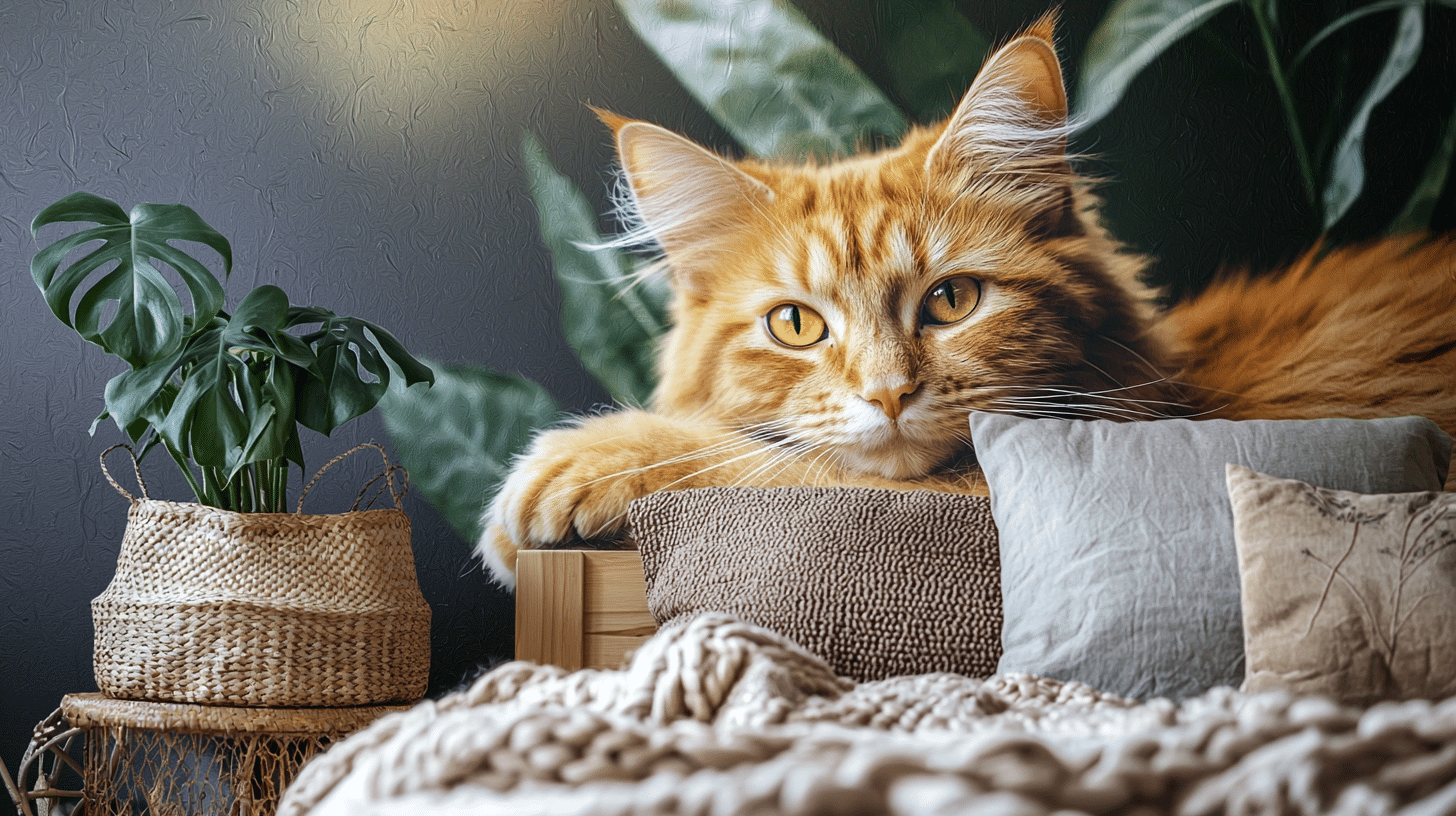 Large orange tabby cat wallpaper in a cozy bedroom with textured pillows, woven baskets, and green plants.