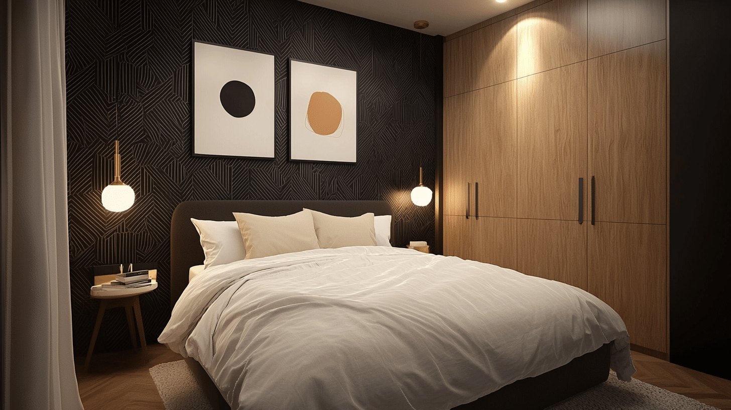 bedroom-black-wallpaper-modern-wood-design Modern bedroom with black wallpaper featuring geometric patterns, wood wardrobe, white bedding, and warm pendant lights.