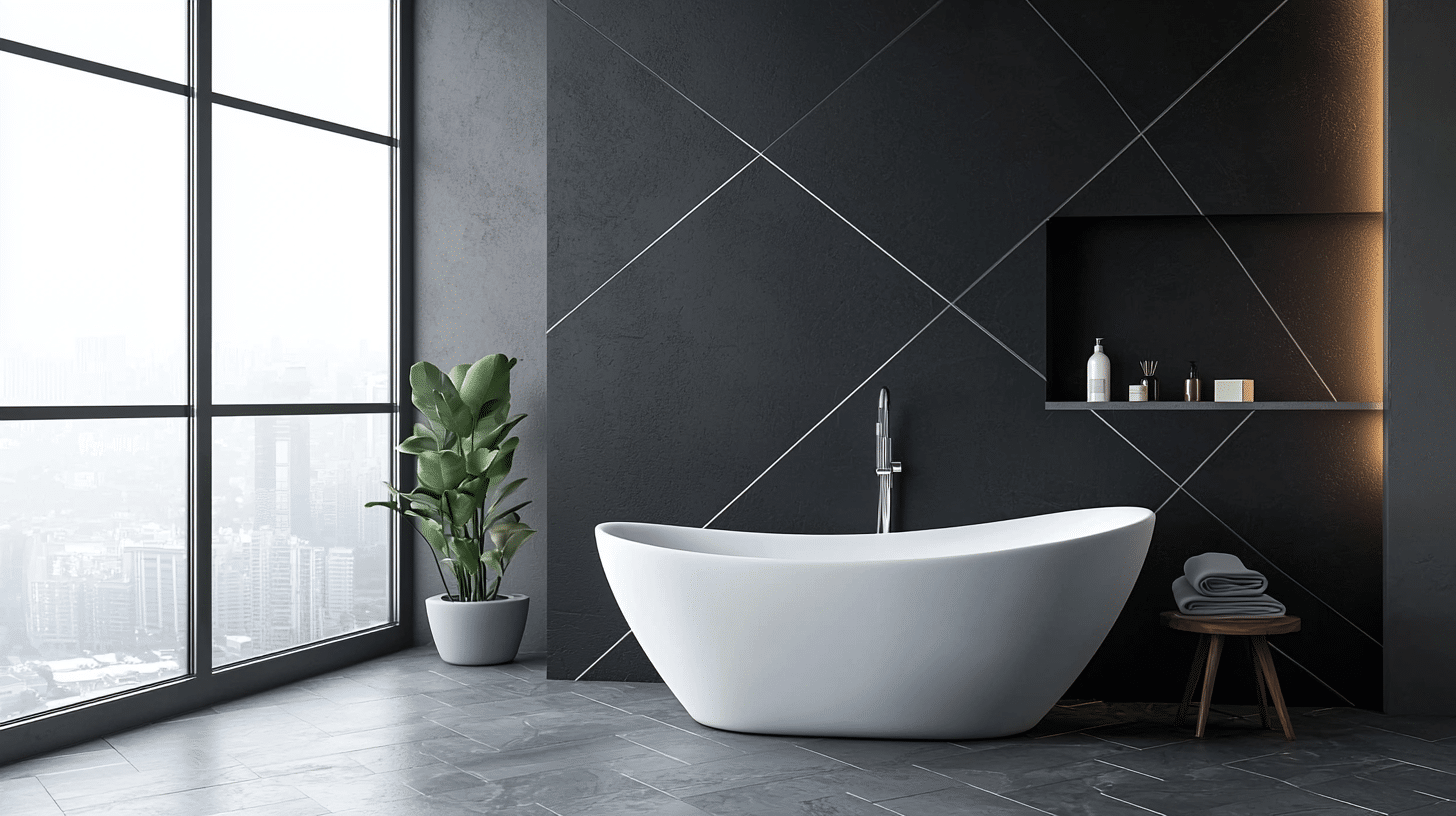 bathroom-black-wallpaper-modern-minimalist Modern bathroom with black wallpaper featuring fine diagonal lines, white freestanding bathtub, built-in shelf, and city view through large windows.