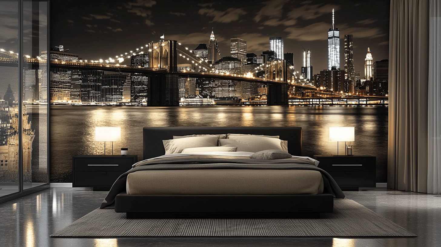 Modern bedroom with New York City wallpaper showing a night skyline and Brooklyn Bridge, black bed frame, and warm lighting.