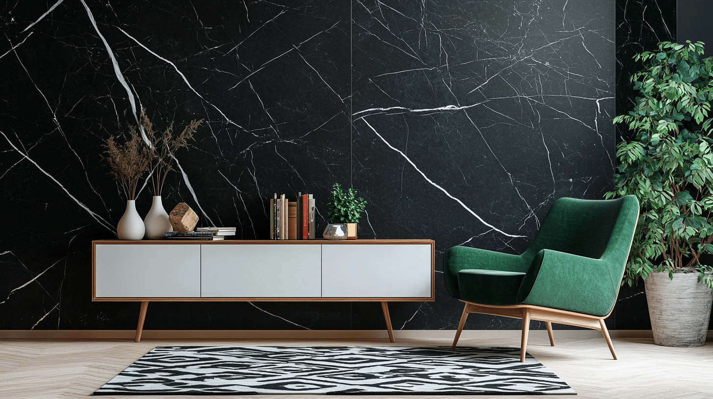 Modern living room with black marble-effect wallpaper, green armchair, mid-century sideboard, books, and decorative vases.