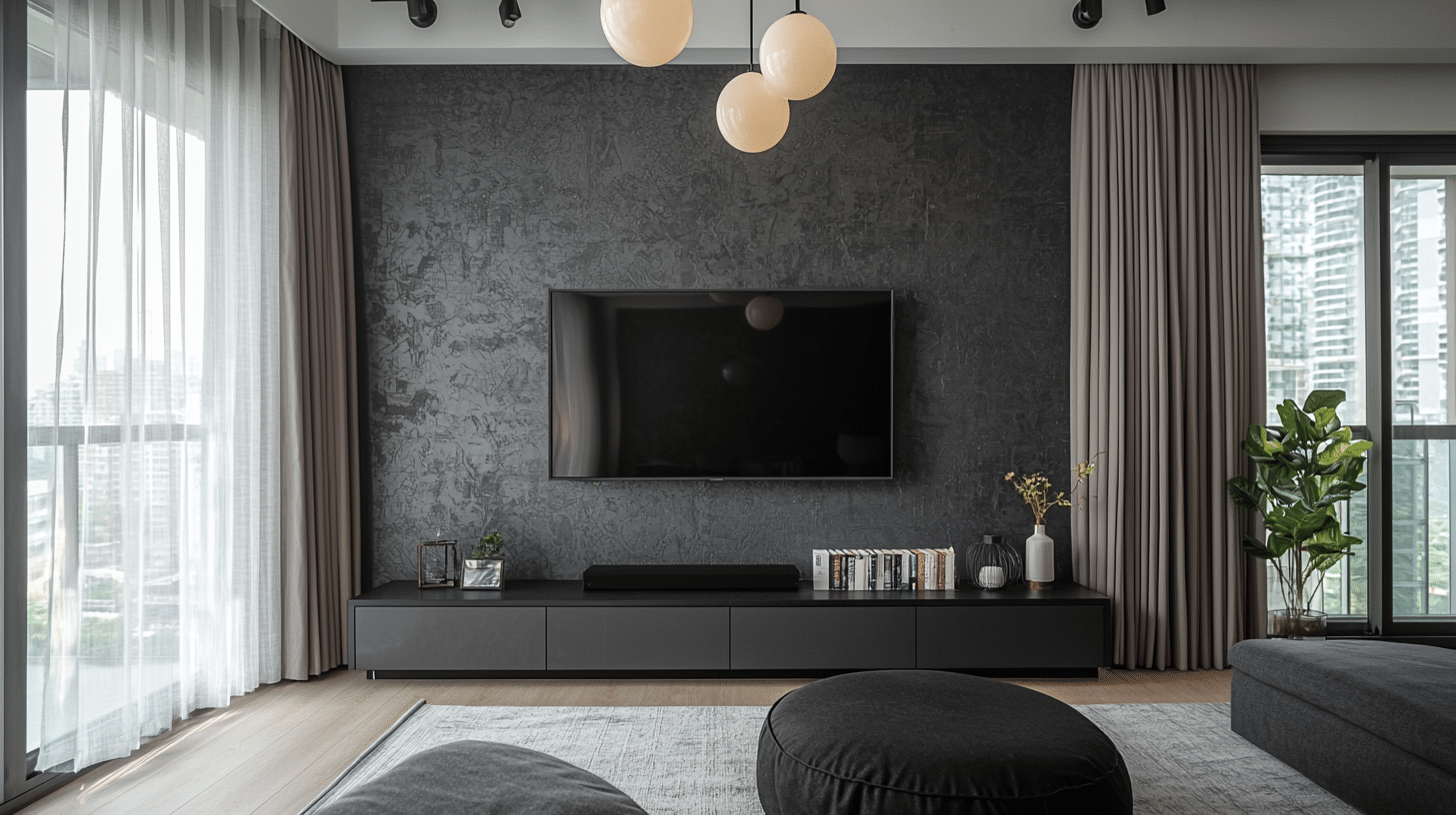 Modern living room with black textured wallpaper behind a mounted TV, low console, books, decorative vases, and large windows with city view.
