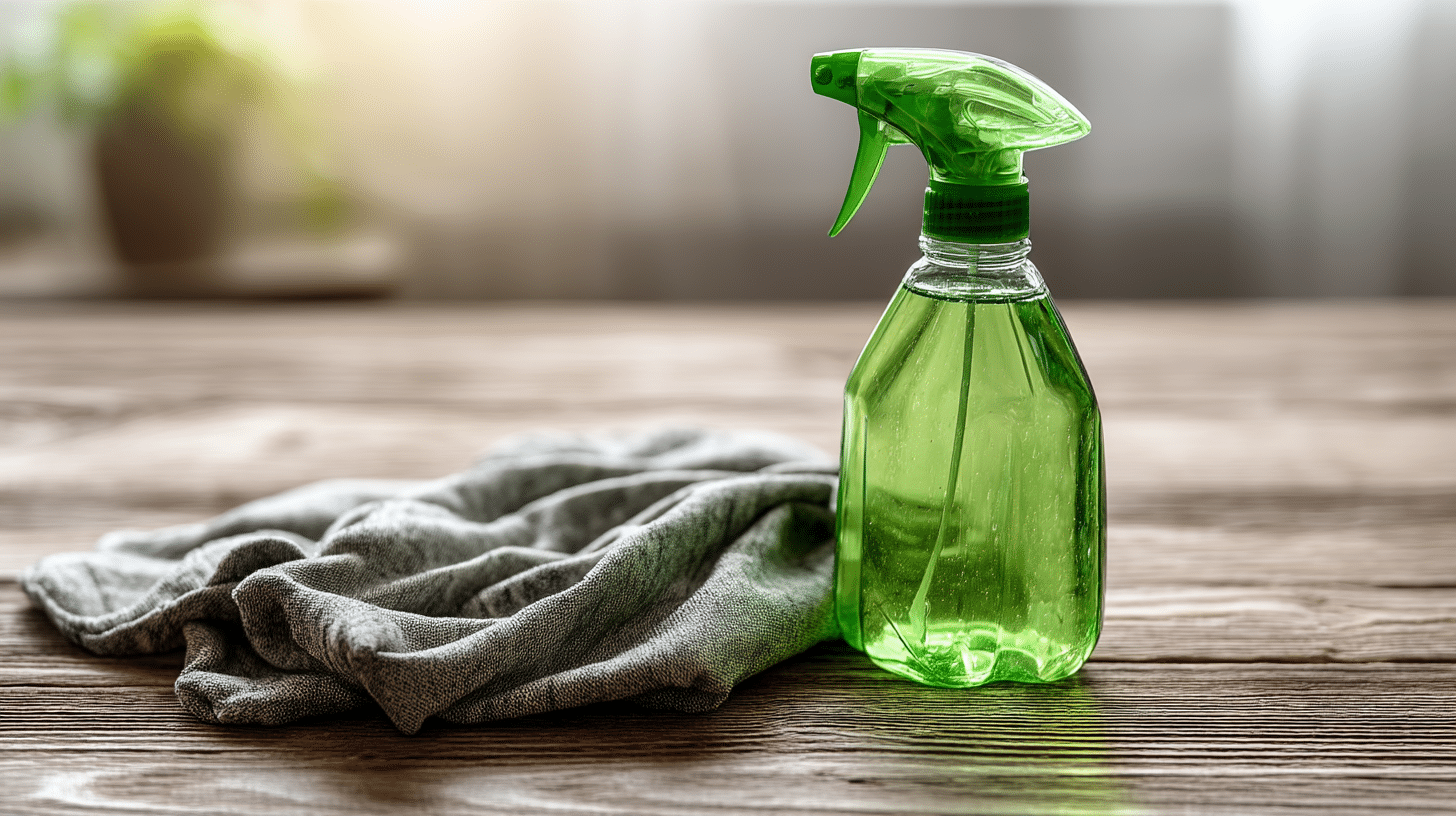 hot-water-cleaning-spray Green spray bottle filled with hot water and a gray cleaning cloth on a wooden table, ready for eco-friendly cleaning tasks