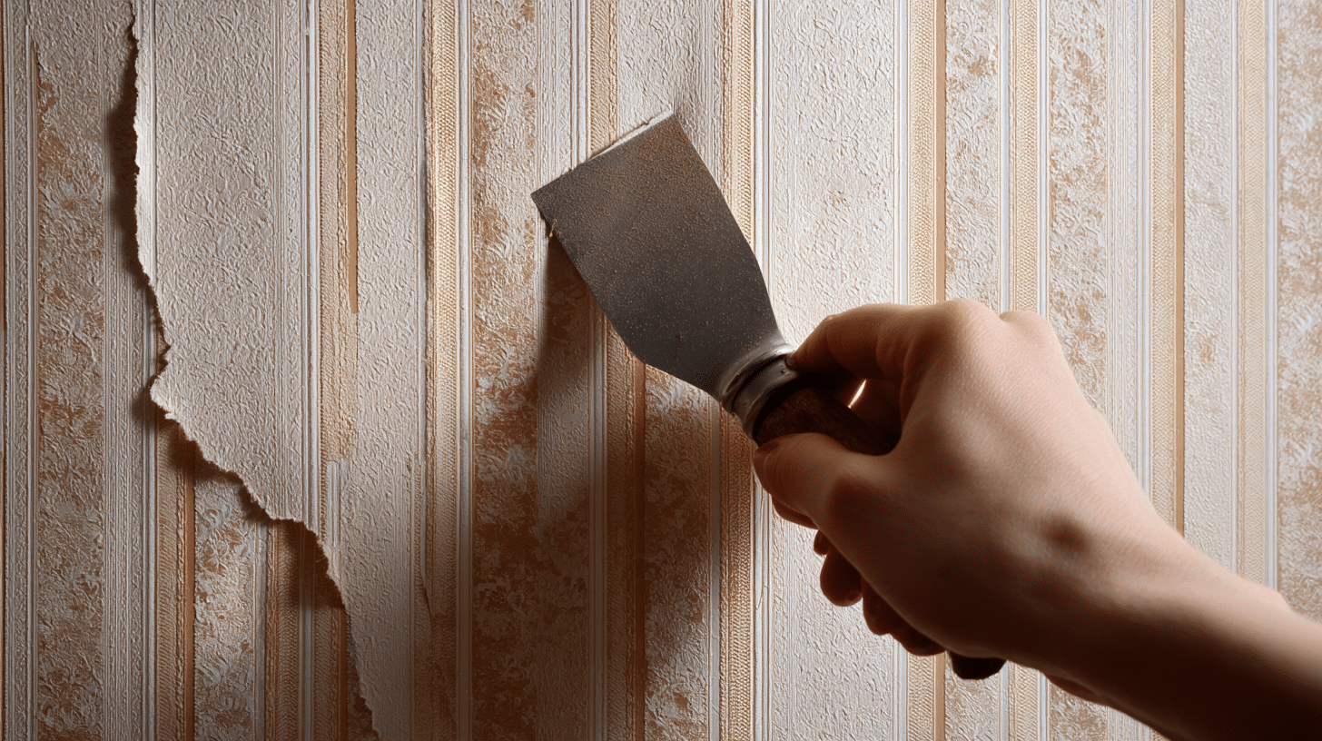wallpaper-removal-tips. Close-up of a hand using a scraper to remove textured striped wallpaper from a wall as part of a DIY renovation project