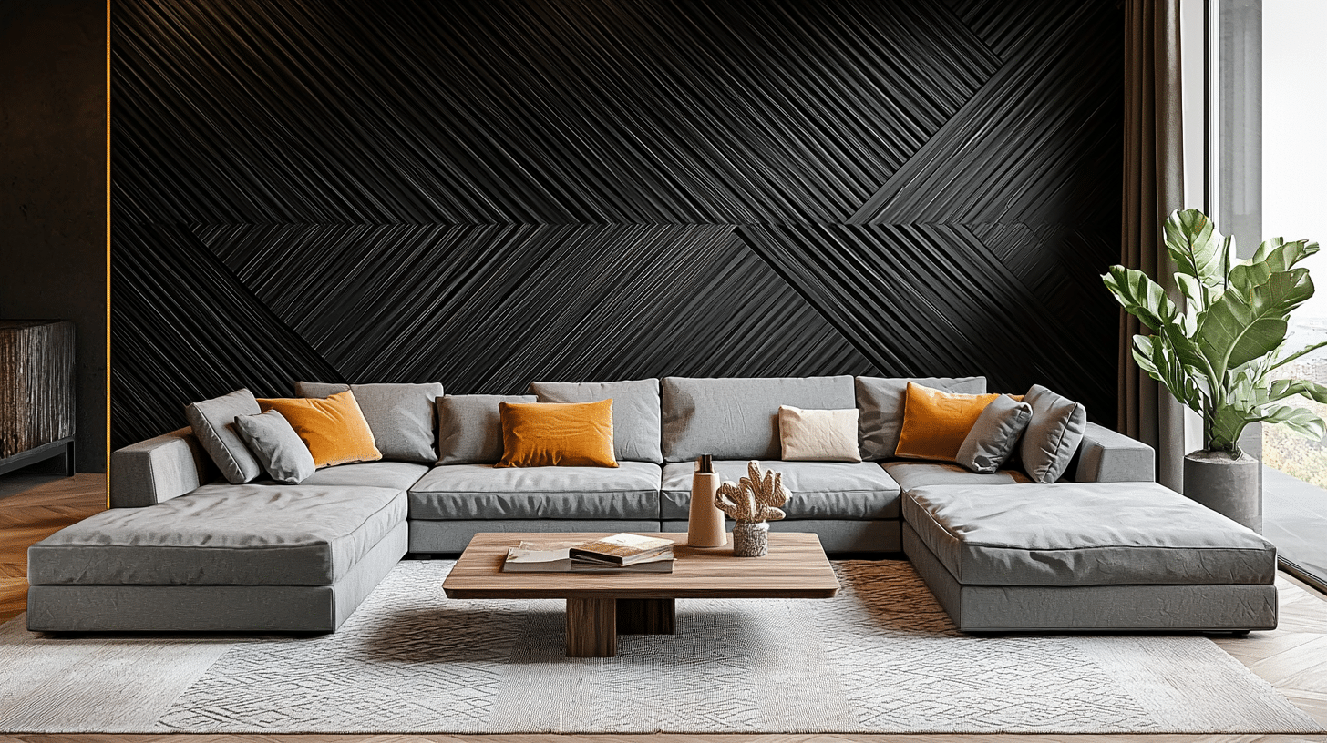 New style living room with geometric black wallpaper accent, large gray sectional sofa, yellow cushions, wood coffee table, and large window.