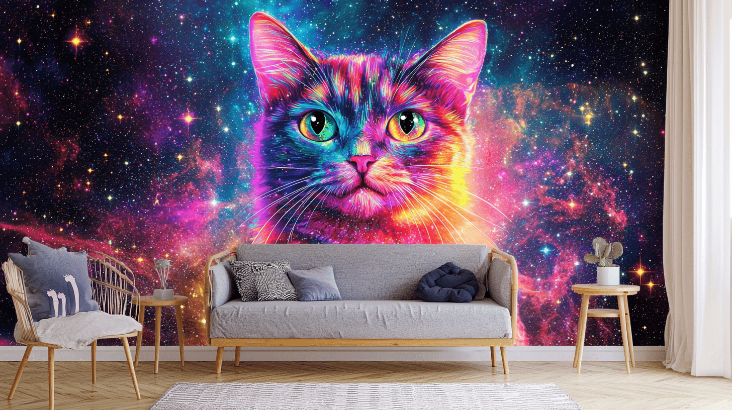 cat-wallpaper-living-room-galaxy-design Colorful galaxy cat wallpaper in a modern living room with neutral furniture and wooden flooring.