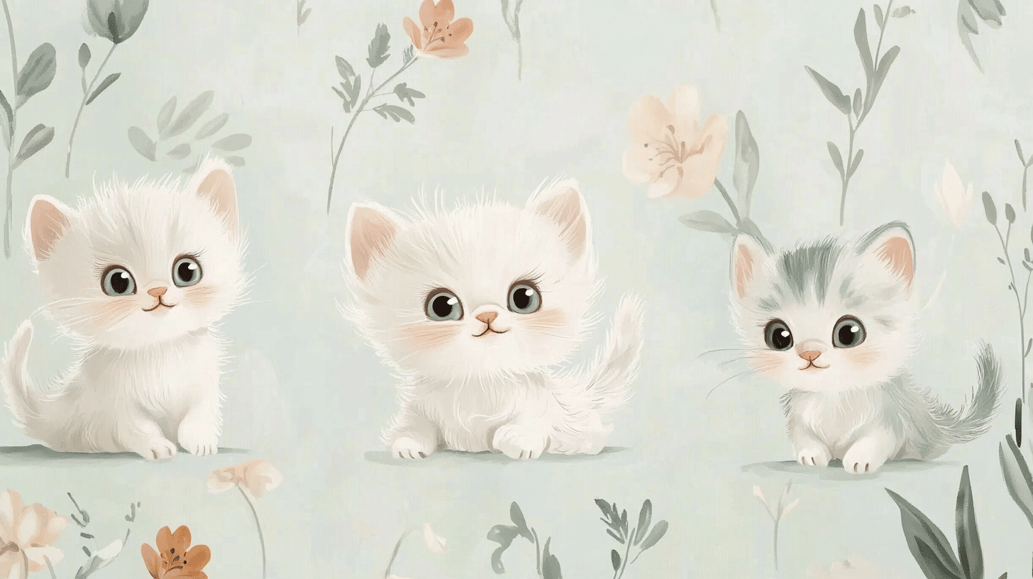 Cute kitten cat wallpaper with white and gray fluffy kittens surrounded by soft floral patterns on a pastel background.