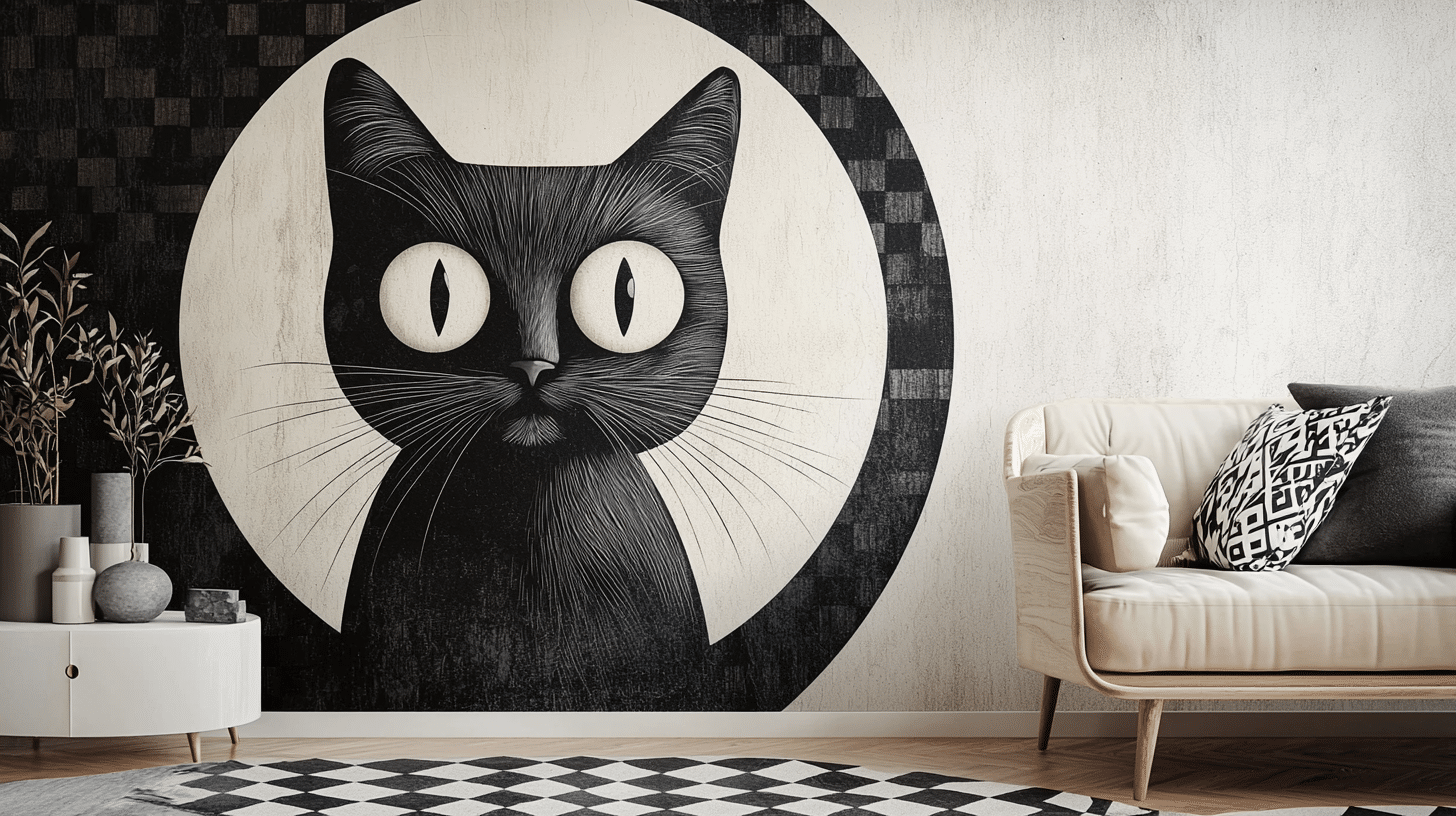 cat-wallpaper-black-and-white-modern-living-room. Black and white cat wallpaper with bold graphic design in a modern living room featuring neutral furniture and geometric decor.